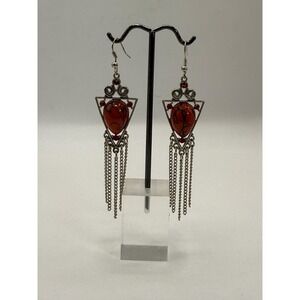 Vintage Silver Tone Red Dangle Earrings – Boho Filigree Fringe Statement Earring